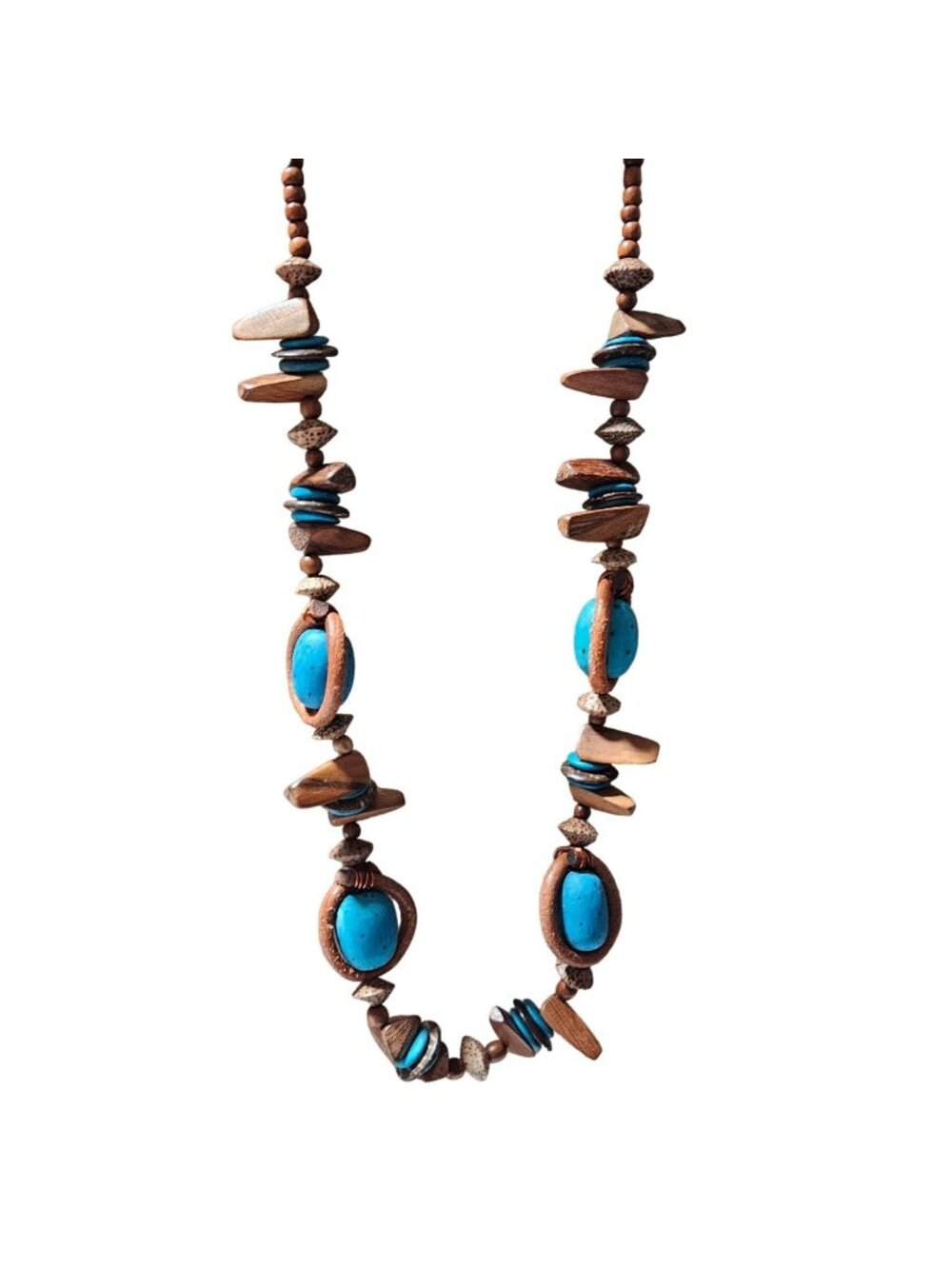 Handcrafted Chunky Wooden Necklace Bright Blue Oval Beads Boho Earthy Rustic